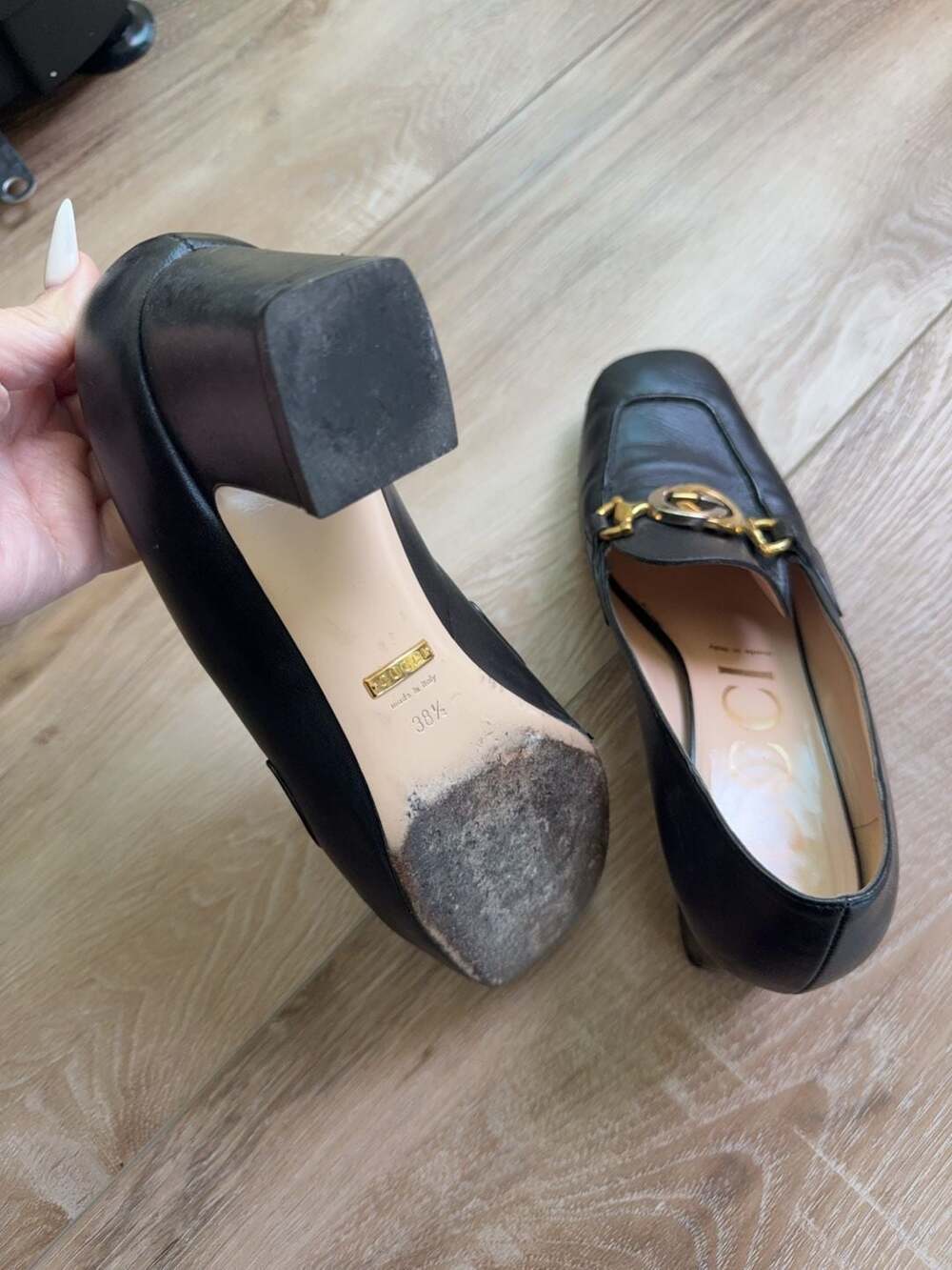 Gucci Black Leather Horsebit Block Heel Loafers Size 38.5 - Picture 5 of 5